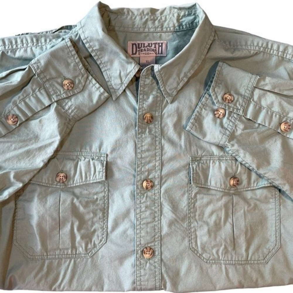 Duluth Trading Co Men's Sz XL Green Button Up Roll Tab‎ Sleeve Shirt Extra Reach